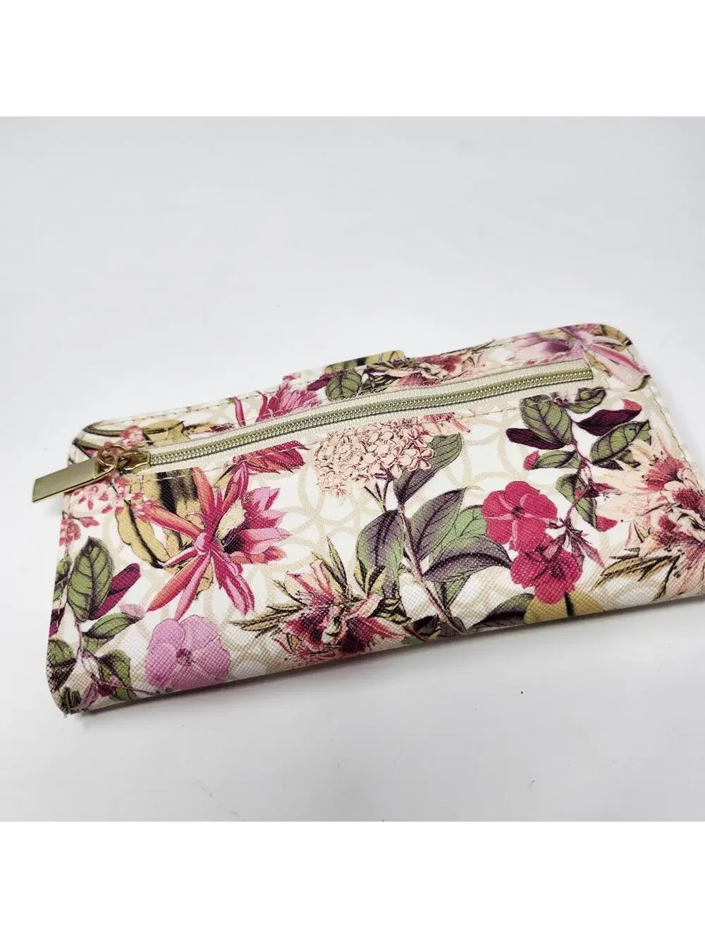 Floral Print Long Wallet Botanical Pink Green Snap Closure